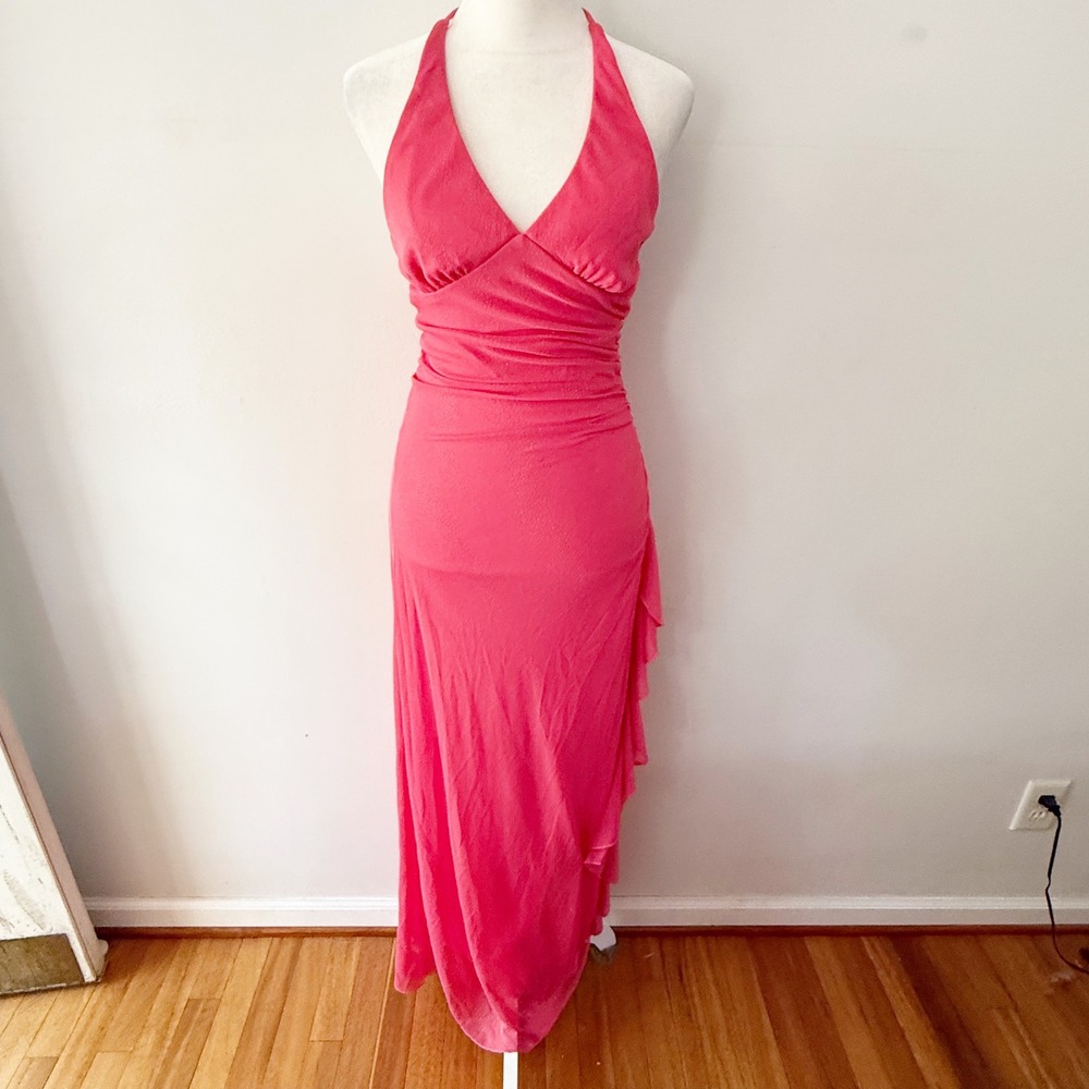 Vintage Maxi Dress Women S Pink Sparkle Halter Ruffle Y2K Prom Party Fairy Femme